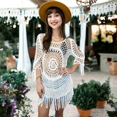 Embrace beachside elegance with our Anna-Kaci Women's White Crochet Cover Up Bathing Suit. Crafted from a blend of 65% Cotton and 35% Polyester, this cover-up features intricate crochet patterns and fringe trim for a stylish beachwear look. Summer Crochet Top For Vacation Beach Cover-up, White Beachy Crochet Dress For Beach, Summer Beachwear Crochet Dress For Poolside, White Crochet Beach Dress For Summer, Spring Beachwear Crochet Dress For Vacation, Spring Vacation Beachwear Crochet Dress, Spring Crochet Dress For Vacation Beachwear, White Crochet Dress For Beach Season Vacation, White Crochet Dress For Beach Season