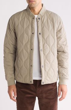 Layer on this lightweight onion-quilted jacket constructed with an easy snap closure and stretchy ribbed trim. Front snap closure Blade collar Front welt pockets Lined, with 100% polyester fill 100% polyester with 97% polyester, 3% spandex ribbed trim Machine wash, line dry Imported Quilted Button-up Winter Outerwear, Quilted Long Sleeve Utility Outerwear, Spring Outdoor Quilted Jacket With Padded Collar, Spring Nylon Quilted Jacket With Pockets, Long Sleeve Cotton Puffer Jacket With Ribbed Cuffs, Cotton Puffer Jacket With Ribbed Cuffs, Quilted Relaxed Fit Winter Outerwear, Casual Puffer Jacket With Button Closure, Quilted Cotton Outerwear For Outdoor