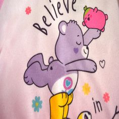 We simply adore these pajamas! These Polyester fleece PJs for girls feature Care Bear favorites Funshine Bear, Grumpy Bear, and Share Bear. The message is a good one too... Believe in Yourself! They are made of flame resistant fabric and are machine wash. Perfect for helping her drift off into dreamland!