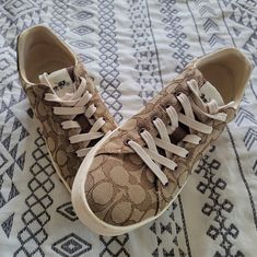 Brand New, Worn Once, Women's Size 8.5 Coach Sneakers. Beige Low-top Fall Sneakers, Beige Low-top Sneakers For Fall, Beige Lace-up Sneakers For Fall, Brown Sneakers With Gum Sole For Spring, Brown Gum Sole Sneakers For Spring, Brown Textured Sole Sneakers For Spring, Coach Casual Sneakers With Textured Sole, Casual Coach Sneakers With Textured Sole, Brown Low-top Sneakers For Spring