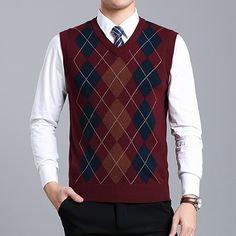 Season:Fall,Winter,Spring; Fabric:Acrylic,Wool Blend,Knit; Sleeve Length:Sleeveless; Look After Me:Machine wash,Washable; Gender:Men's; Style:Stylish,Vintage Style; Elasticity:Stretchy; Occasion:Home,Work,Daily,Date,Christmas; Sweaters Type:Sweater Vest; Fit Type:Regular Fit; Pattern:Color Block,Argyle; Design:Patchwork,Braided,Knitted; Neckline:V Neck; Sleeve Type:Drop Shoulder; Front page:FF; Listing Date:11/15/2022; Production mode:Self-produce; Bust:; Length:; Shoulder Width:; Knit Style:Rib Sweater Vest Dress, Men's Sweater Vest, Old Money Clothes, Knit Patchwork, Money Clothes, Mens Pullover Sweater, Sweater Vest Mens, Weekend Work, Mens Cardigan Sweater