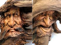 two pictures of an old man's face and the same one is made out of wood