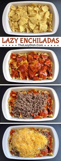 four different types of nachos in white dishes