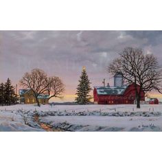 a painting of a farm in winter with snow on the ground and trees around it