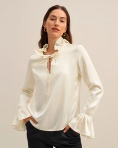 The Majus Blouse Lily Silk, Silk Clothes, Elegant Scarves, Classic Blouses, Tie Collar, Lily White, Flare Sleeves, Blouse For Women, Tie Front Blouse