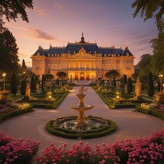 a large building with a fountain in front of it at sunset or dawn, surrounded by pink flowers and greenery