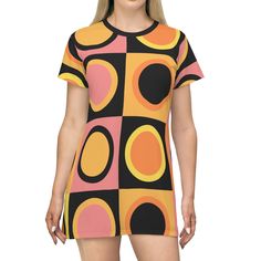 Women's retro T-shirt dress vintage geometric pattern, swinging 60's mod dress, gift for her, hippie dress, funky retro colored mini dress Fitted Mini Dress With Retro Print In 70s Style, Fitted Mini Dress With Retro Print, 70s Inspired, Retro Fitted Mini Dress, Summer Mini Dress With Geometric Pattern, Fitted Retro Mini Dress, Geometric Pattern Mini Dress For Summer, Retro Print Mini Mod Dress, Fitted Retro Mini Dress With Retro Print, Mod Style Retro Print Mini Dress