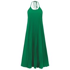 The Eleanor Pleated Halter Maxi Dress in green is the perfect summer statement piece. With its flattering pleated design and halter neckline, this dress effortlessly combines style and comfort. Perfect for any occasion, this dress will make you stand out from the crowd. (Fashion-forward and fuss-free, the Eleanor Pleated Halter Maxi Dress will keep you looking and feeling cool this summer!) Size Guide: Model is 5’8” tall, and has a 33.7” bust, 24.4” waist, & 35.6” hips. She is wearing a S / US 4 / AU 8. This dress is true to size. Material: 100% Polyester. Feature: Halter neck. Sleeveless. Pleated. Plisse Skirt. Maxi length. Care Instructions: Machine wash / Cold hand wash Flowy A-line Pleated Dress For Summer, Summer A-line Pleated Dress With Pleated Bodice, Chic Green Halter Neck Maxi Dress, Summer Vacation Pleated Sleeveless Dress, Pleated Sleeveless Dress For Summer Vacation, Summer Beach Sleeveless Pleated Dress, Pleated Sleeveless Beach Dress For Summer, Pleated Sleeveless Dress For Beach In Summer, Elegant Green Halter Dress For Summer