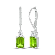 Add intriguing color to any outfit with these shimmering drop earrings. Crafted in sterling silver Each earring showcases an emerald-cut spring-green peridot dangle A white lab-created sapphire tops the gemstone The earrings secure with lever backs A great August birthstone gift choice Emerald Cut Green Sterling Silver Earrings, Classic Green Diamond Drop Earrings, Green Diamond Drop Earrings, Fine Jewelry Green Drop Earrings, Green Fine Jewelry Drop Earrings, Green Diamond Drop Earrings With Prong Setting, Classic Green Sterling Silver Diamond Earrings, Green Diamond Dangle Earrings For Formal Occasions, Green Dangle Diamond Earrings For Formal Occasions