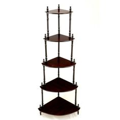 three tiered wooden shelf with four shelves on each side and one in the middle