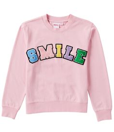 From Iscream&#x2C; this sweatshirt features:Round necklineLong sleeves"Smile" block-letter chenille patches on the frontPullover stylingCotton French terryMachine wash/tumble dryImported. Playful Crew Neck Tops With Ribbed Cuffs, Playful Fall Streetwear Tops, Cute Crew Neck Top With Ribbed Cuffs, Playful Crew Neck Sweatshirt For Spring, Playful Crew Neck Sweatshirt For Streetwear, Chenille Patches, Cute Preppy Outfits, Block Lettering, Dillard's