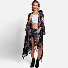 Size : 38" X 39" Material : 100% Viscose Bday Gifts For Her, Black Floral Kimono, Kimono Beach Cover Up, Kimono Beach, Beach Kimono, Lace Kimono, Boho Kimono, Long Kimono, Cardigan Long