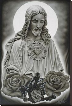 a black and white drawing of jesus with roses in front of the moon behind him