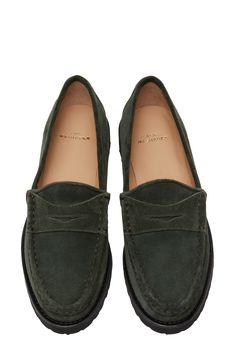 Supple suede brings vintage vibes to a classic penny loafer grounded on a chunky lug sole. 1" heel; 3/4" platform (size 38.5) Leather upper and lining/synthetic sole Made in Italy Classic Slip-on Platform Loafers With Vibram Sole, Casual Wingtip Platform Loafers For Work, Fall Loafers With Vibram Sole And Round Toe, Casual Wingtip Platform Loafers For Fall, Classic Suede Loafers With Lug Sole, Suede Platform Loafers With Textured Sole For Work, Suede Wingtip Loafers For Fall, Classic Moccasins With Vibram Sole For Work, Suede Platform Loafers With Rubber Sole For Work