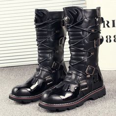 Gothic Punk Boots, Motorcycle Boots, Riding Boots, Knee-High Boots, Lace Up Boots. Genuine Leather Boots. Combat Boots, Biker Boots, Punk Boots, Gothic Boots. Black Men's Boots. Get ready to hit the road with these Funki Buys combat motorcycle boots! Made of real leather and designed with a round toe and low chunky heel, these boots are perfect for any season - from punk rock to winter wonderland. Plus, they're handcrafted for that extra touch of unique style. Don't forget to lace them up for th Black Military Boots, Boots Biker, Mens Boots Online, Black Boots Men, Military Tactical Boots, Gothic Boots, Boots Combat, Buy Boots, Army Boots