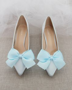 "Pointy toe pump with low heels and added satin bow creates a simple and sweet style for your special occasion. Easy slip on with comfort or bride and wedding party. DETAILS: HEEL HEIGHT: 2.25 inches COLORS AVAILABLE: White, Champagne, Light Blue, Soft Blush, Ivory, Navy, Burgundy UPPER: Synthetic upper and lining MATERIALS: Mandmade outsole Not sure of which size to purchase? Shoes measurements are as follow: (Please note measurements taken the length of inside of shoe from toe to heel) Size 6 Women Wedding Shoes, Blue Bridal Shoes, Bridesmaids Shoes, Trendy Bride, Navy Blue Shoes, Blue Wedding Shoes, Glitter Flats, Bow Women, Something Blue Wedding