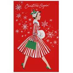 an old fashion christmas card with a woman in red and white striped dress holding a green bag