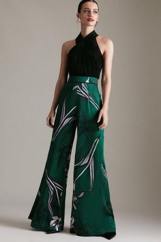 Petite Lily Print Wide Leg Woven Satin Trouser Green Dress Print, Elegant Green Wide Leg Pants, Chic Green Wide-leg Dress Pants, Chic Fitted Green Wide Leg Pants, Green Wide Leg Pants For Evening, Green Ankle-length Wide Leg Pants For Formal Occasions, Green Ankle-length Wide Leg Pants, Elegant Green High-waisted Wide Leg Pants, Elegant Green Stretch Dress Pants