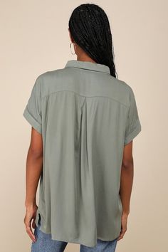 Keep it cute and classic in the Lulus Blythe Olive Green Short Sleeve Button-Up Top! Soft, lightweight woven fabric creates a collared neckline and cuffed, short sleeves. Relaxed bodice features a full button placket and front patch pocket. Notched, rounded hem. Pair with denim and a blazer for a casual-chic workday look! Fit: This garment fits true to size. Length: Above mid-thigh. Size medium measures 27.75" from shoulder to hem. Bust: Great for any cup size. Waist: Not Fitted - comfortable ro Versatile Collared Shirt With Button Closure, Spring Short Sleeve Shirt With Button Closure, Versatile Summer Blouse With Collared Neckline, Versatile Collared Blouse For Summer, Collared Short Sleeve Shirt With Rolled Sleeves For Spring, Versatile Collared Rayon Blouse, Casual Short Sleeve Blouse With Cuffed Sleeves, Collared Short Sleeve Shirt With Button Closure For Spring, Summer Blouse With Placket, Short Sleeve