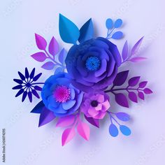 paper flowers on white background with blue and pink colors stock photo - fotop