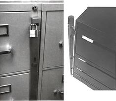 two pictures of filing cabinets and a door with a lock on the bottom one is open