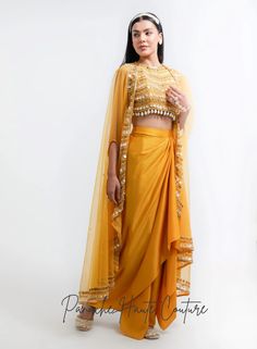 Mustard Yellow Color Dhoti Skirt Set – Panache Haute Couture Dhoti Skirt, Indowestern Dresses, Indowestern Gowns, Halter Neck Blouse, Western Gowns, Contrast Embroidery, Haldi Outfits, Indo Western Gown, Haldi Outfit