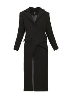 Black coat with a low neckline, an asymmetric shape and shoulder pads. The coat has a buttoned crossing layer in front.Material - 40% wool, 60% acrylicLining - Silk substitute (100% polyester).The models are wearing size S. Care - Dry clean.Measurements:XS - Bust(cm):80-82; Waist(cm):63-64; Hips(cm):87-89.S - Bust(cm):83-84; Waist(cm):65-66; Hips(cm):90-92.M - Bust(cm):88-90; Waist(cm):68-70; Hips(cm):94-96.L - Bust(cm):92-94; Waist(cm):74-76; Hips(cm):98-100.XL - Bust(cm):96-98; Waist(cm):78-80 Tailored Avant-garde Formal Outerwear, Fitted Black Wool Coat For Evening, Elegant Asymmetrical Outerwear For Business, Chic Asymmetrical Outerwear For Business, Chic Asymmetrical Business Outerwear, Elegant Tailored Asymmetrical Outerwear, Tailored Elegant Asymmetrical Outerwear, Chic Asymmetrical Winter Blazer, Elegant Asymmetrical Outerwear For Office