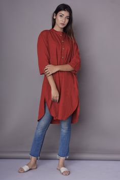 "Casual Shirt Dress for Women, Long Shirt, Apple cut shirt, Indian Kurta, Linen Washed Soft Shirt - Custom made by Modernmoveboutiique >DESCRIPTION< - loose and roomy. - apple cut - 3/4th sleeve - made from Linen blend. The fabric is of medium weight (185 g). - the model is 172 cm high (regular XS - S) and is wearing size S. - color in the picture - LAVA (Please choose any other color on the right). >COLOR< NOTE - The shirt is available in 25 colors. - We found out the fabric to be r Red Cotton Shirt Dress, Red Short Sleeve Tunic, Women Long Shirt, Cotton Long Shirt, Shirt Dress For Women, Apple Cut, Indian Kurta, Cut Shirt, Cut Shirts