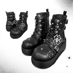 Get ready to rock the punk look with these edgy platform boots. Featuring spike studs , leather buckles, and a chunky heel, these boots are the perfect statement piece for your alternative wardrobe.   Please note that this product includes only one pair of shoes.  Garment Size   	 		 			Size 			35 			36 			37 			38 			39 			40 		 		 			Foot Length 			22.5 			23 			23.5 			24 			24.5 			25 		 		 			Heel 			4.5-7.5 			4.5-7.5 			4.5-7.5 			4.5-7.5 			4.5-7.5 			4.5-7.5 Grunge Platform Moto Boots For Streetwear, Punk Platform Boots With Grommets, Punk Platform Boots With Grommets For Alternative Fashion, Gothic Platform Boots With Grommets, Punk Spiked Platform Boots For Concerts, Punk Combat Boots With Metal Feet For Alternative Fashion, Grunge Moto Boots With Rivets And Round Toe, Punk Platform Boots With Spikes For Concert, Edgy High-top Wedge Boots With Chunky Platform