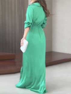 Sku CY-!132818 Material Dacron Style Long Sleeves Feature Split-side , Solid Color Neckline Lapel Collar Occasion Going out , Casual , Vacation Seasons Spring , Summer , Autumn Type Maxi Dresses , Shirt Dress Color GREEN Size S,M,L,XL Please consult the size chart we provide for this item's measurements to help you decide which size to buy.Please note: There may be 1-3cm differ due to manual measurement. CMINCH Bust Waist Shoulder Sleeve Length S 88 70 39 59 142 M 92 74 40 60 143 L 96 78 41 61 1 Party Maxi Dresses, Cotton Dresses Summer, Side Split Dress, Pleated Dresses, How To Fold Sleeves, Fitted Maxi Dress, Solid Green, Maxi Shirt Dress, Long Shirt Dress