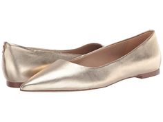 Sam Edelman Wanda - Women's Shoes : Gold : Style your all outfits with the trendy Sam Edelman Wanda flats. Leather upper. Synthetic lining and insole. Slip on closure. Pointed toe. Synthetic outsole. Imported. Measurements: Weight: 6 oz Product measurements were taken using size 9, width M. Please note that measurements may vary by size. Weight of footwear is based on a single item, not a pair. Gold Flats With Removable Insole And Low Heel, Fall Ballet Flats With Branded Insole, Gold Flats With Leather Sole And Low Heel, Chic Flats With Metal Feet And Flat Heel, Fitted Flats With Rubber Sole, Fitted Flats With Leather Sole And Closed Toe, Fitted Closed Toe Flats With Leather Sole, Low Heel Flats With Cushioned Footbed For Fall, Fall Closed Toe Flats With Metal Feet