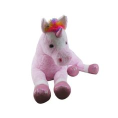 a pink stuffed horse with a rainbow mane