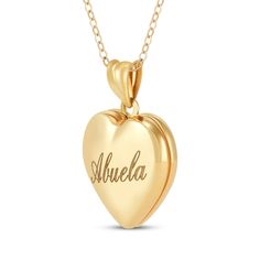 Your Abuela will love and forever treasure this darling heart locket. 10K yellow gold The heart locket features "Abuela" engraved in a beautiful script font Opens to reveal space for a pair of small photos or mementos 16- to 18-inch adjustable cable chain with spring ring clasp Heart Cut Locket Necklace For Mother's Day Anniversary, Heart Cut Locket Necklace For Anniversary And Mother's Day, Personalized Yellow Gold Locket Necklace For Mother's Day, Anniversary Heart Charm Locket Necklace In Yellow Gold, Personalized Heart Shaped 14k Gold Locket Necklace, Valentine's Day Yellow Gold Locket Necklace For Anniversary, Personalized Mother's Day Yellow Gold Locket Necklace, Anniversary Yellow Gold Locket Necklace With Heart Charm, 14k Stamped Heart Pendant Locket Necklace For Anniversary