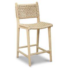 a wicker bar stool with a wooden frame and seat cushion on an isolated white background