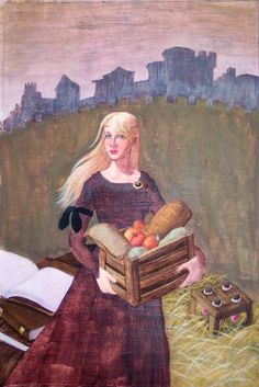 a painting of a woman holding a basket full of fruit and bread in front of a cityscape