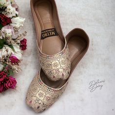 A sprinkle of gold, a touch of allure--your feet deserve nothing less. These Khussas feature exquisite resham work, providing both comfort and a remarkably soft non-slip sole. These shoes are ideal for weddings, bridal showers, birthdays, family gatherings, or any memorable occasion. Our shoes are available in US sizes and are true to size. Nevertheless, we understand that each customer may have unique foot characteristics. Don't hesitate to reach out to us if you have any inquiries or concerns. To explore additional styles, kindly visit our website at dulhansdiary.etsy.com. . . . . . FREE SHIPPING WITHIN USA . . . .  #tradionalshoes #handmadeshoes #wedding #desiwedding #partywear #simplekhussa #pakistanifashion #punjabifashion #ladies #shoes  #pakistanishoes  #bangladeshibride #luxeryshoe Gold Round Toe Flats For Wedding, Gold Open Toe Sandals For Reception, Gold Embellished Closed Toe Sandals, Gold Flat Heel Wedding Shoes, Gold Sandals With Gota Work And Open Toe, Gold Flat Sandals For Wedding, Gold Flat Wedding Shoes For Festivals, Gold Embellished Flat Wedding Shoes, Gold Almond Toe Flats For Party