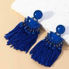 Bead & Geometric Decor Metal Elegant Blue Fringe Jewelry, Blue Dangle Tassel Earrings With Fringe, Blue Tassel Dangle Earrings For Summer, Blue Summer Tassel Dangle Earrings, Blue Fringe Beaded Earrings, Bohemian Blue Dangle Tassel Earrings, Blue Bohemian Dangle Tassel Earrings, Blue Dangle Tassel Earrings For Beach, Bohemian Blue Fringe Tassel Earrings