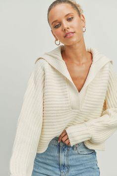 knit collared sweater , ivory sweater, v-neckline knit sweater, ribbed sweater, cropped sweater, fall sweater, fall fashion, fall outfit inspo, outfit inspo 2023, fall outfit, winter fashion, winter outfits, winter sweater, ootd, ootn, travel outfit, sweater, going out outfit, everyday outfit, date night outfit, online shopping, Christmas outfit, clothing brand, online clothing store, concert fashion, aesthetic fashion, holiday fashion, trendy fashion, pumpkin patch outfit, thanksgiving outfit Winter Sweater Outfits Women, Cozy Winter Tops, Cold Winter Outfits Aesthetic, Wool Sweater Outfit, Fall Sweater Outfits, Sweaters Outfit, Sweater Designs, White Oversized Sweater, Winter Sweater Outfits