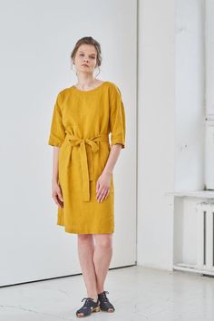 MsWrinkle’s clothing – from human to human.  100% handmade.*Description*- Linen shift dress with elbow length sleeves, pockets and belt. Free fit.- High quality European linen;- Washed and softened (doesn't shrink anymore);- Medium weight linen (150 g/m2);- Our linen is OEKO-TEX certified that meets human ecological safety requirements;- Model is wearing size S in honey yellow, rust orange, forest green, chocolate brown and lemon yellow colour (other sizes and colours please choose on the right) Fitted Belted Linen Dress, Belted Linen Dress For Daywear, Linen Tie Waist Dress For Daywear, Linen Belted Dress For Daywear, Linen Tunic Dress For Work, Knee-length Linen Dress With Tie Waist, Linen Tie Waist Dress For Work, Linen Workwear Dress With Tie Waist, Knee-length Linen Belted Dress