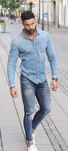 @andreas_linder - with a summer double denim combo with a denim button up shirt ripped blue jeans watch no show socks white sneakers #summerstyle #summeroutfits #whiteshoes #menswear #menstyle #mensfashion #whitesneakers #doubledenim #mensoutfits Andreas Linder, Mens Denim Shirt Outfit, Blue Jeans Outfit, Denim Shirt Outfit, Denim Shirt Men, Tall Men, Double Denim, Best Jeans, Man Style