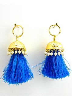 Flamingo Jhumka earrings with Faux Pearls and Blue threads - Desi Royale Navarathri Decorations, Cloth Bangles, Jimikki Kammal, Island Chic, Winter Bridal Jewelry, Punjabi Culture, Designer Lehengas, Silk Thread Jewelry, Bridal Accessories Jewelry