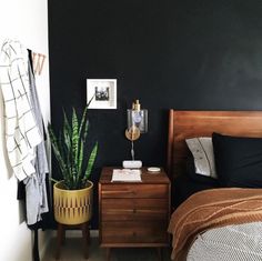 a bed room with a neatly made bed and a plant