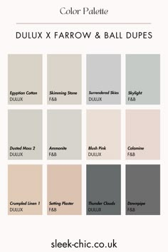 Make sure you bookmark this post for later, it is the ultimate guide to the Dulux dupes of Farrow and Ball colours covering their most popular shades. So, let’s help you achieve that perfect F&B interior on a budget… Dulux Grey Paint Shades Uk, Dulux Dining Room Colour, Good Home Paint B&q, Dulux Colour Schemes Bedrooms, Dulux Interior Paint Colours, Colour Palette For Living Room, Farrow And Ball Colour Schemes, Best Hallway Paint Color, Dulux Bedroom Colours