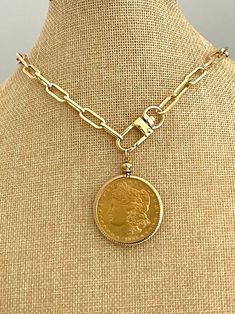 Bezel Coin Necklace-Paperclip Chain-Shiny Gold Coin-Reproduction Coin- - Vanessadesigns4u Gold Coin Jewelry, Chunky Gold Chain Necklace, Aesthetic Necklace, Link Chain Necklace, Gold Coin, Coin Jewelry, Gold Bracelet Chain, Brass Gold, Coin Necklace