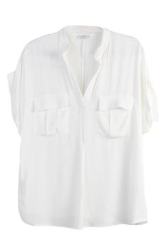 Glow Fashion Boutique short sleeve white blouse Chic White Blouse With Roll-up Sleeves, White Tops With Roll-up Sleeves For Everyday, Classic V-neck Tops With Pockets, V-neck Shirt With Pockets For Work, V-neck Workwear Shirt With Pockets, Summer V-neck Top With Pockets, V-neck Top With Pockets For Day Out, Chic Everyday Blouse With Roll-up Sleeves, White Summer Shirt With Pockets