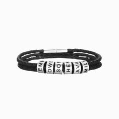 Men's Personalized Beads Leather Bracelet on white background Black Engraved Bracelets For Everyday, Adjustable Engraved Black Name Bracelet, Customizable Name Bracelet For Father's Day, Classic Adjustable Bracelets For Personalized Gift, Classic Adjustable Bracelet, Everyday Black Jewelry With Engraving Option, Classic Personalized Beaded Bracelets For Everyday, Black Bracelets With Engraving Option For Personalized Gift, Personalized Black Leather Bracelet For Everyday