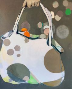 a painting of a hand holding a bag with polka dots on the bottom and handles