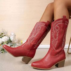 Redembroidery Leather Hi-Heel Western Cowboy Boots Red Slip-On Upper Material: Pu Leather Lining Material: Fabric, Pu Leather Insole Material: Fabric Outsole Material: Rubber Western Boots Yeehawcowboy.com, Tall Cowgirl Boots Red, Cowboy Boots Me, Cowgirl Boots Wine, Sparkly Red Cowgirl Boots, Non Slip Cowboy Boots, Heart Western Boots, Red Boots Casual, Red Bridal Boots