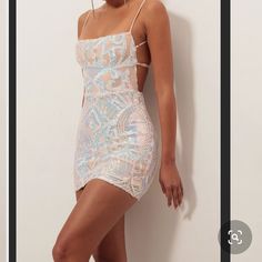 Runs Small. If You’re A Size Xs This Will Fit. Never Worn, Just Tried On. Brand New White Sequin Mini Dress For Summer, White Mini Bodycon Dress For Date Night, White Mini Length Bodycon Dress For Night Out, White Mini Length Bodycon Dress For Date Night, White Sequined Bodycon Dress For Summer, White Mini Bodycon Dress, White Sequined Bodycon Dress For Spring, White Spaghetti Straps Dress For Night Out, White Backless Mini Dress For Date Night