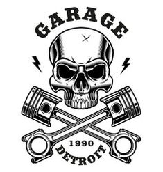 a skull with two crossed wrens on it and the words garage detroit written below